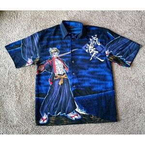 Vintage Mecca Sport Anime Shirt Men's Size Medium Blue AOP Graphic Button Up